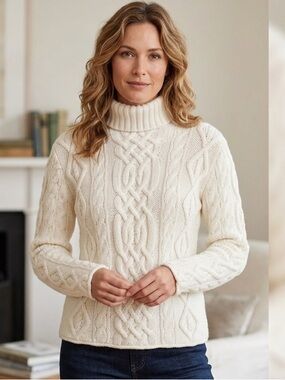 Harold’s Cable Knit Fisherman Turtleneck Sweater Ivory Rolled Bottom Cotton M